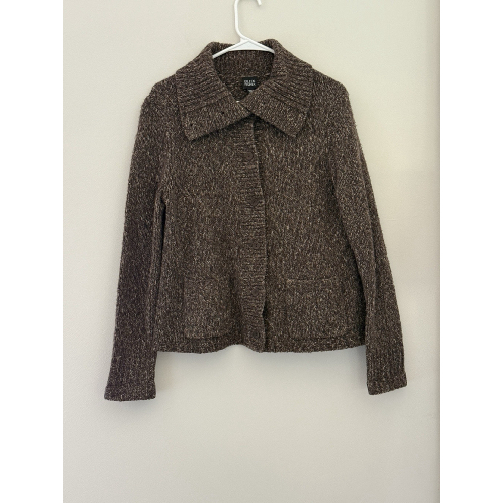Eileen Fisher Brown Wool Blend Cardigan Sweater Oversized Collar Size S